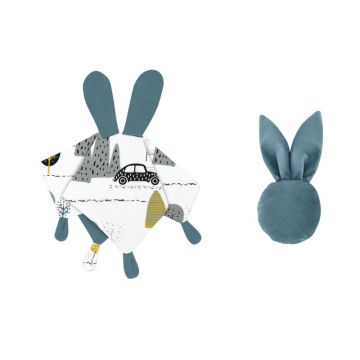 Set jucarie de plus, MimiNu, Cu urechi si labute + Jucarie zornaitoare Mini Bunny, Materiale certificat Oeko Tex Standard 100, Childrens Journey Grey/Nepal Green