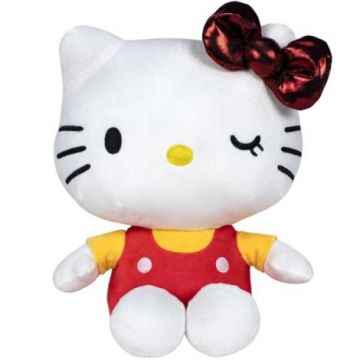 Jucarie din plus Hello Kitty cu salopeta rosie, Editie aniversara, 16 cm