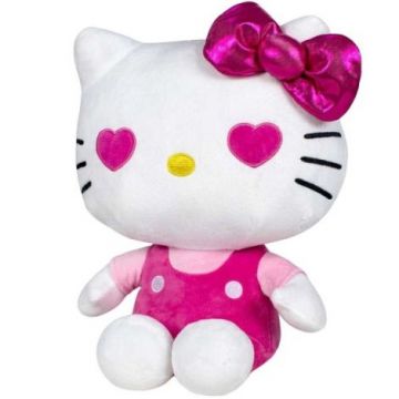 Jucarie din plus Hello Kitty cu salopeta roz, Editie aniversara, 22 cm